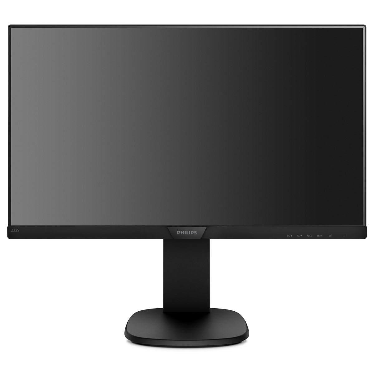 Monitor del computer nero con supporto nero su sfondo bianco.