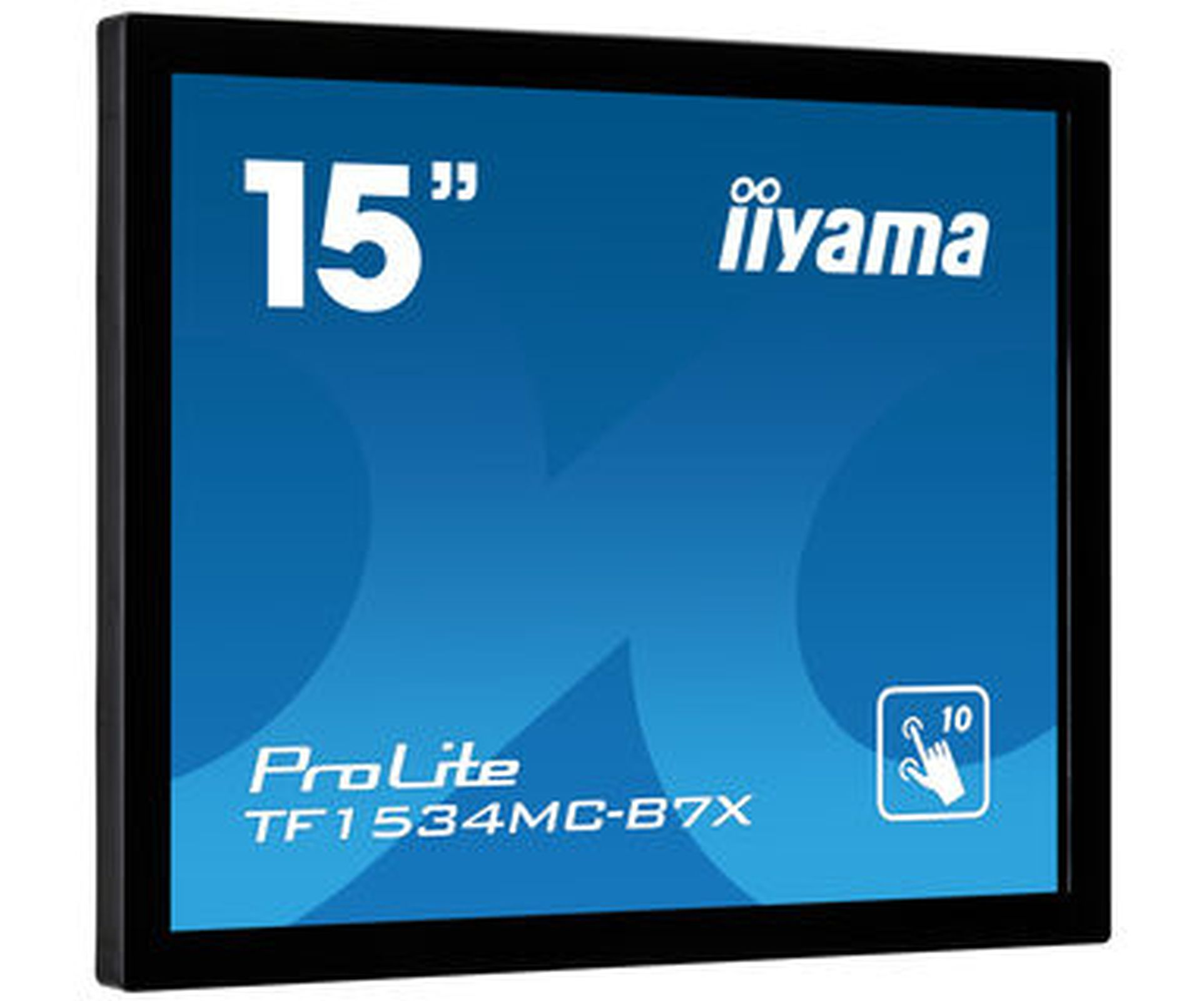 15-calowy monitor Iiyama ProLite z niebieskim ekranem, białym tekstem i czarną ramką.