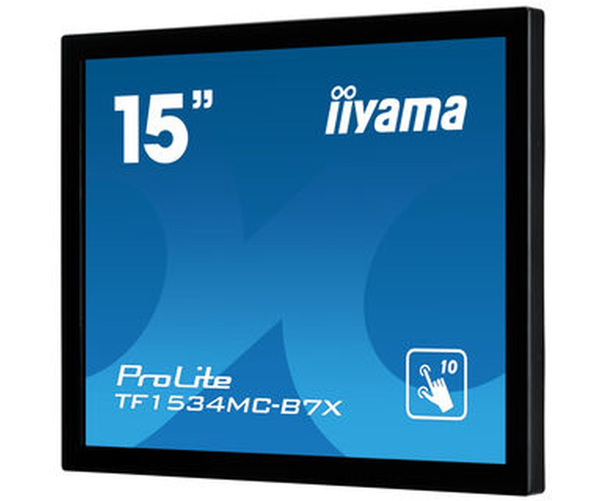 Czarny 15-calowy monitor iiyama ProLite z niebieskim ekranem wyświetlającym logo marki i ikonę dotyku.