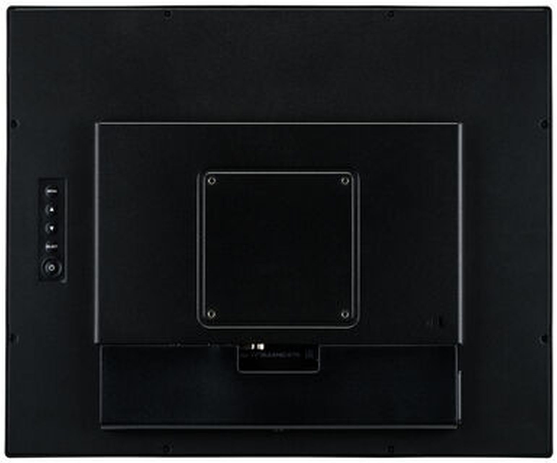 Tył czarnego monitora z przyciskami i portami. Kwadratowe wcięcie pośrodku.