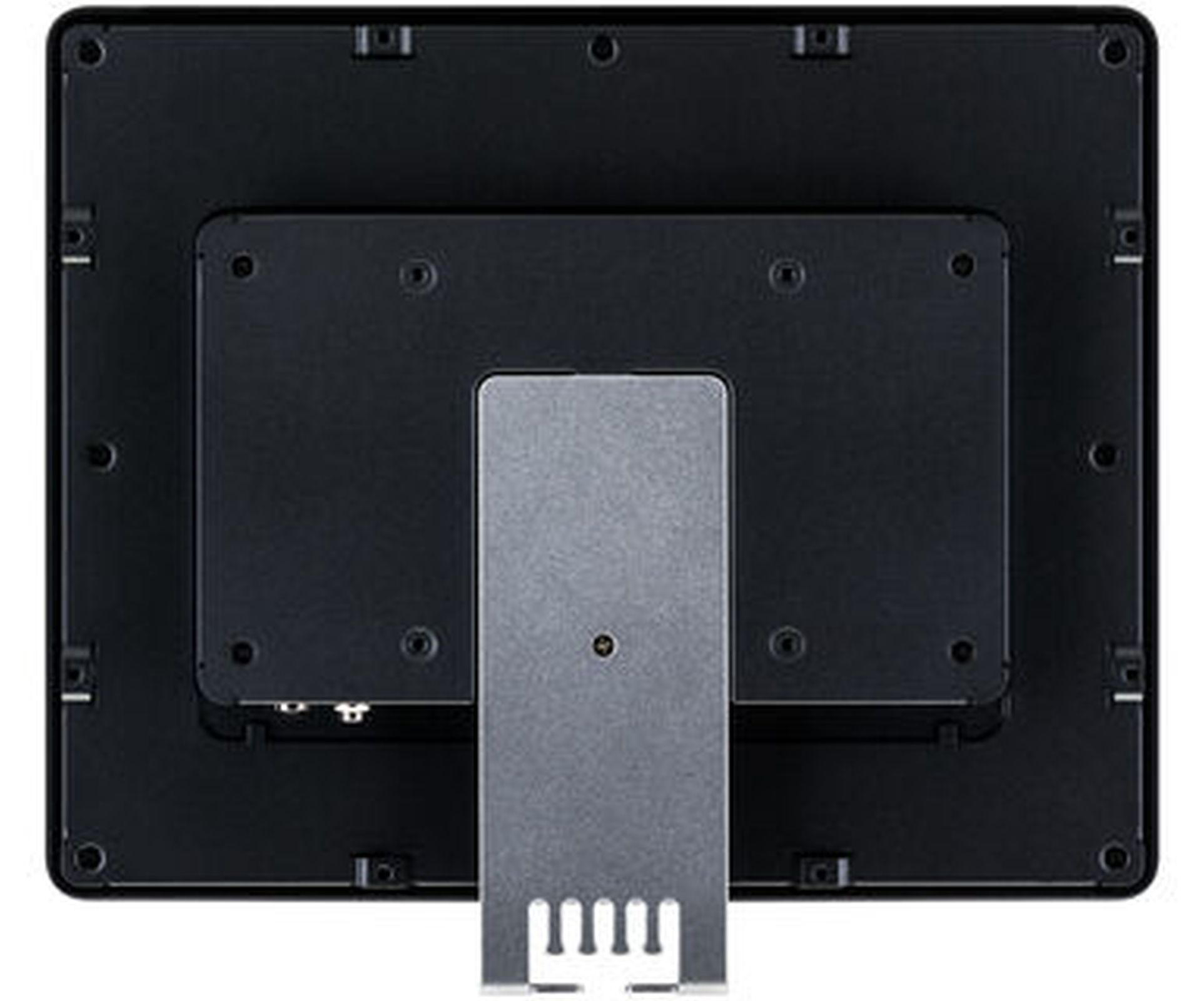 Widok z tyłu czarnego monitora z podstawką na białym tle.