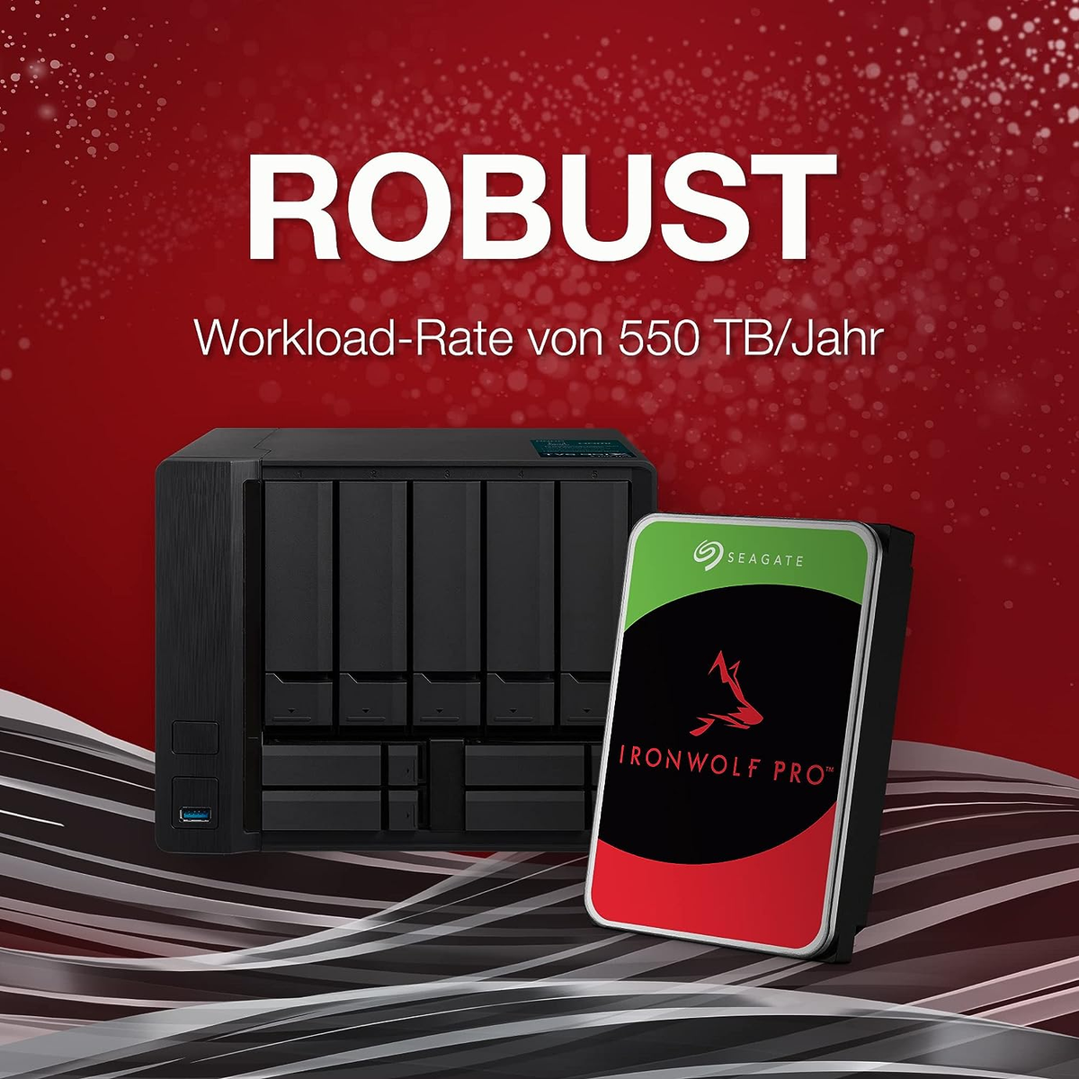 Ein schwarzes NAS-Gerät mit einer rot-grünen Seagate IronWolf Pro-Festplatte auf rotem Hintergrund.