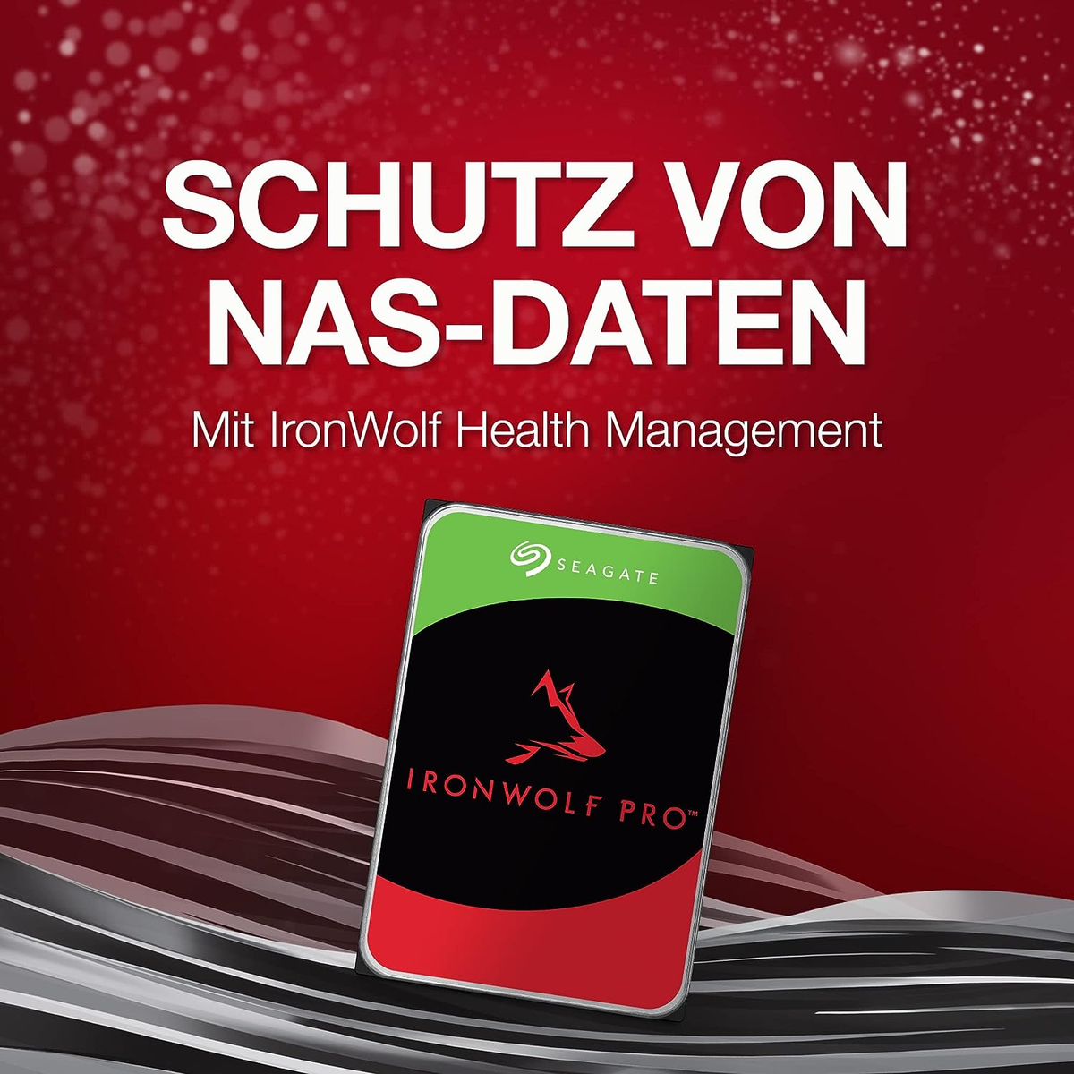 Seagate IronWolf Pro Festplatte auf rotem Hintergrund mit weißem Text.