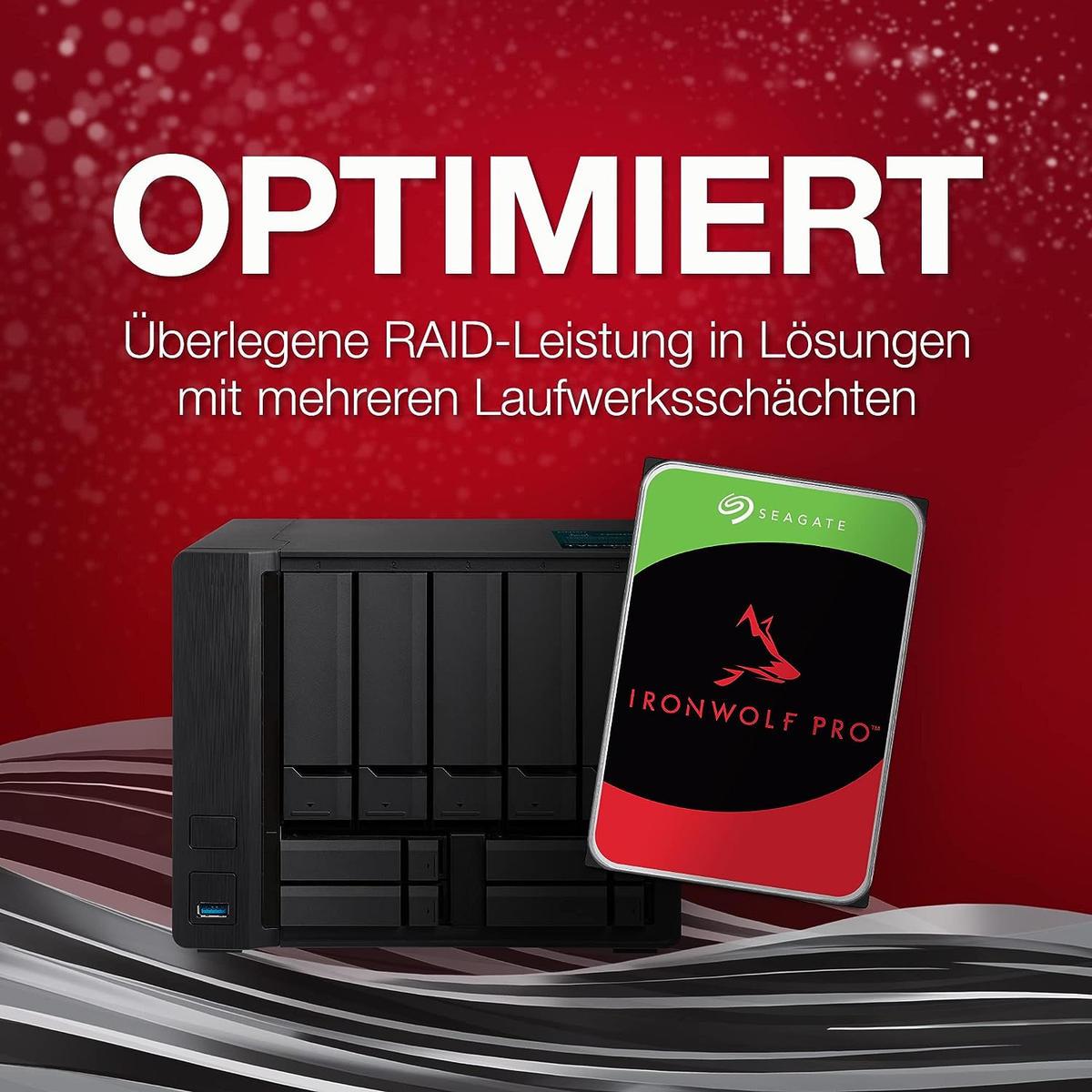 Werbung für eine Seagate Ironwolf Pro Festplatte. Es zeigt die Festplatte und ein NAS-Gerät auf rotem Hintergrund.