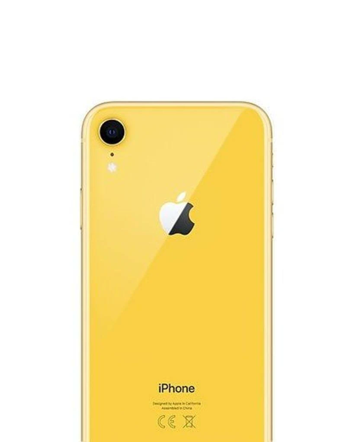 Achterkant van een gele iPhone XR met het Apple-logo en de tekst iPhone.