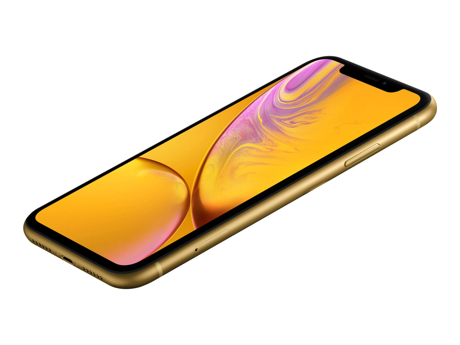 Gouden iPhone XR schuin, met het scherm met een gele en paarse achtergrond. De telefoon is geïsoleerd op wit.