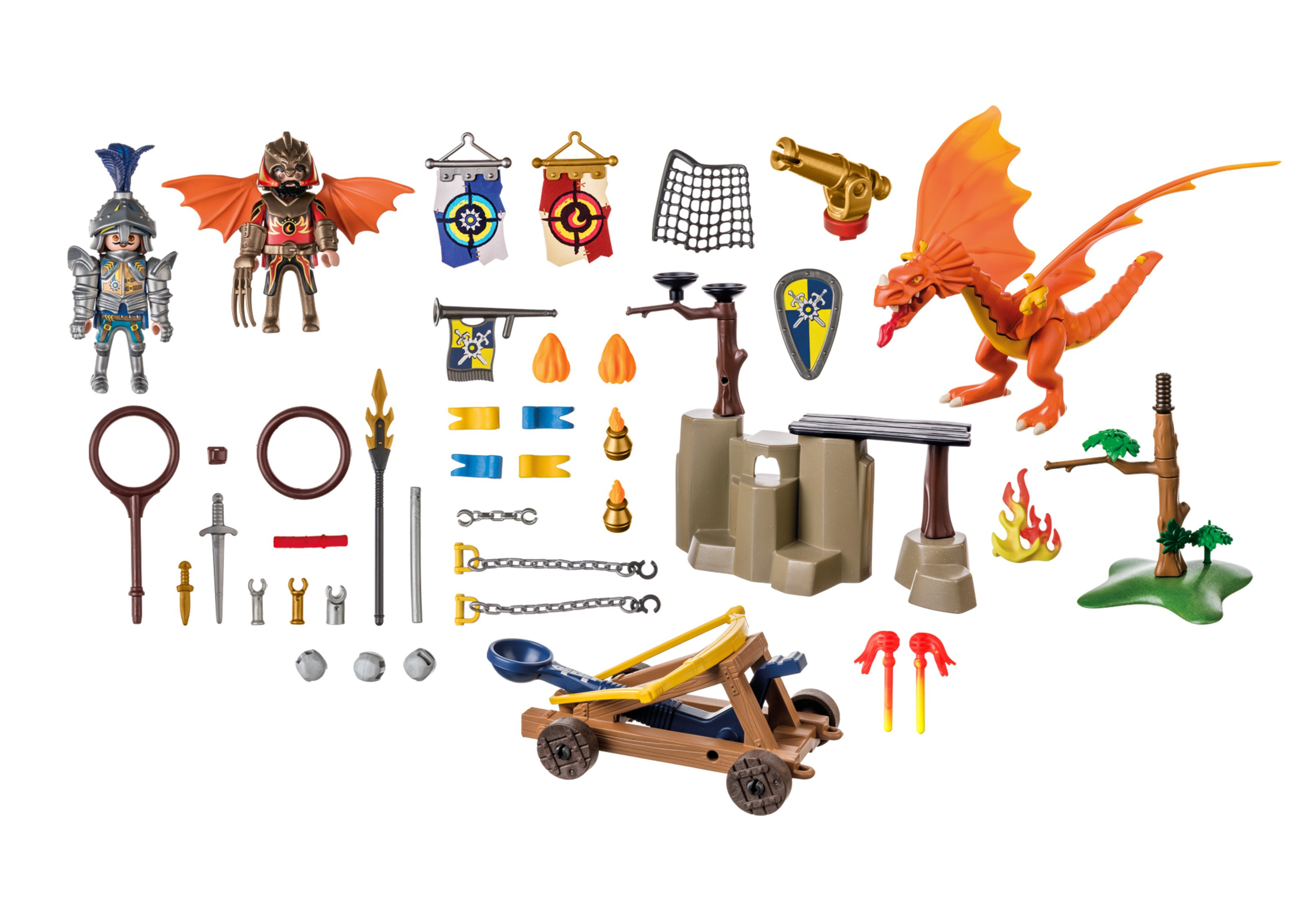 Eine Sammlung von Playmobil-Spielzeugen mit Rittern, einem Drachen, einer Katapult und verschiedenen Zubehörteilen.