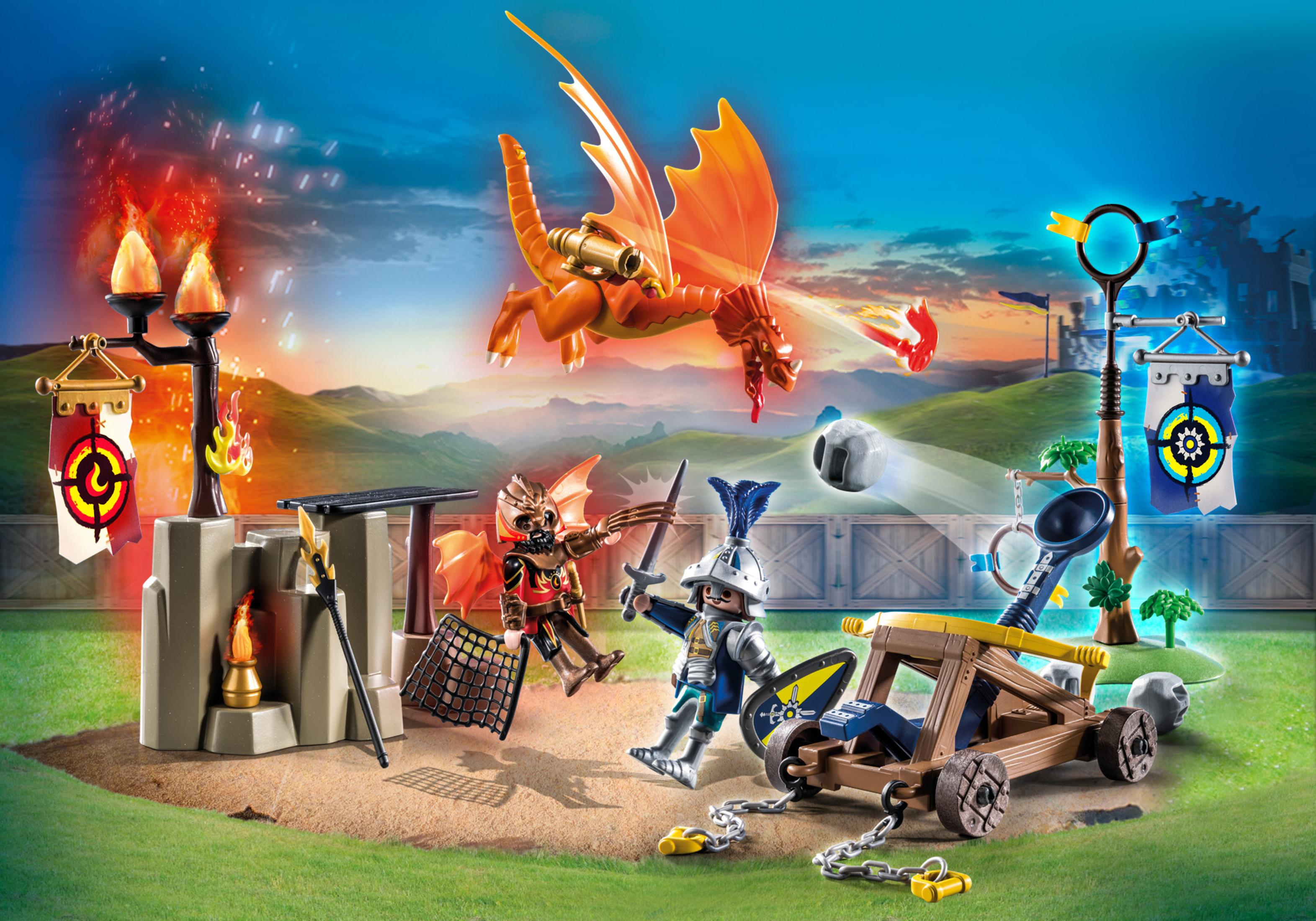 Playmobil Burgszene: Drache fliegt, Ritter kämpfen, Katapult, Flammen und Figuren.