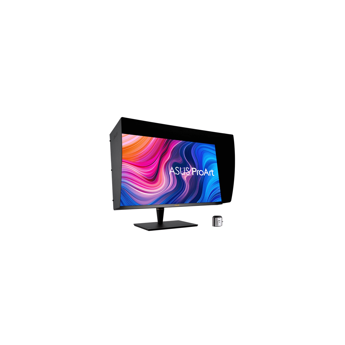 Monitor z czarną osłoną. Ekran wyświetla kolory. Widoczny stojak i akcesoria. Białe tło.