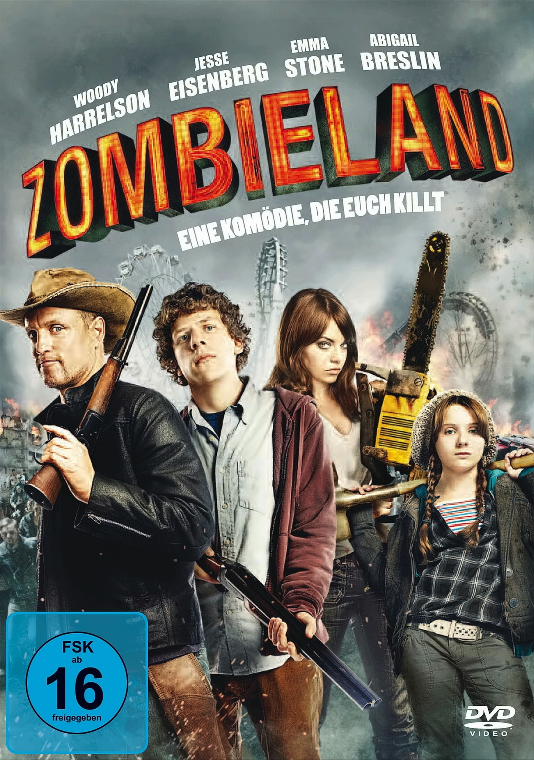 Filmposter für Zombieland, mit Schauspielern, die Waffen halten, einer Kettensäge und einem Zombie-Hintergrund.