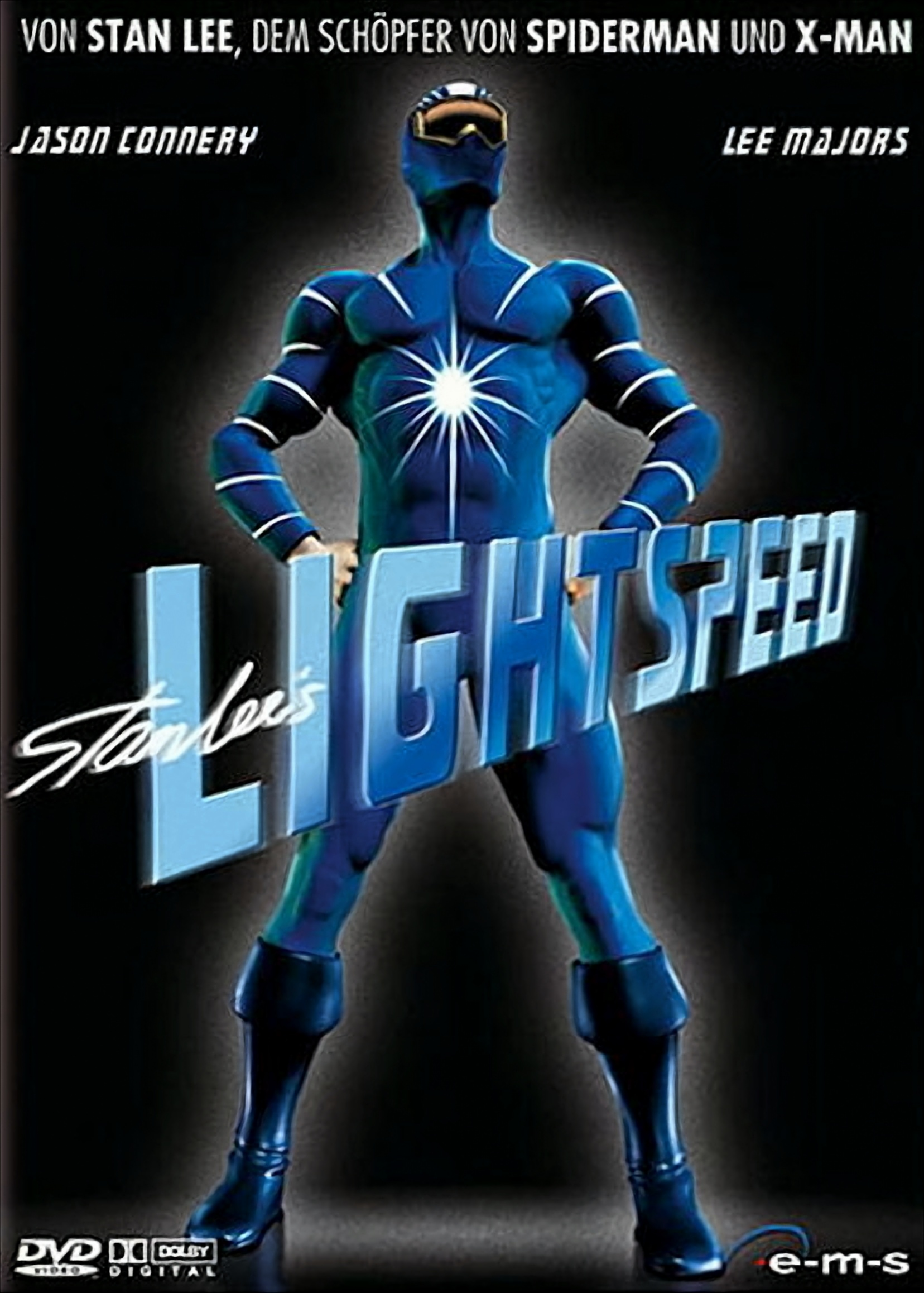 DVD-Cover eines Films namens Lightspeed mit einem blauen Superhelden.