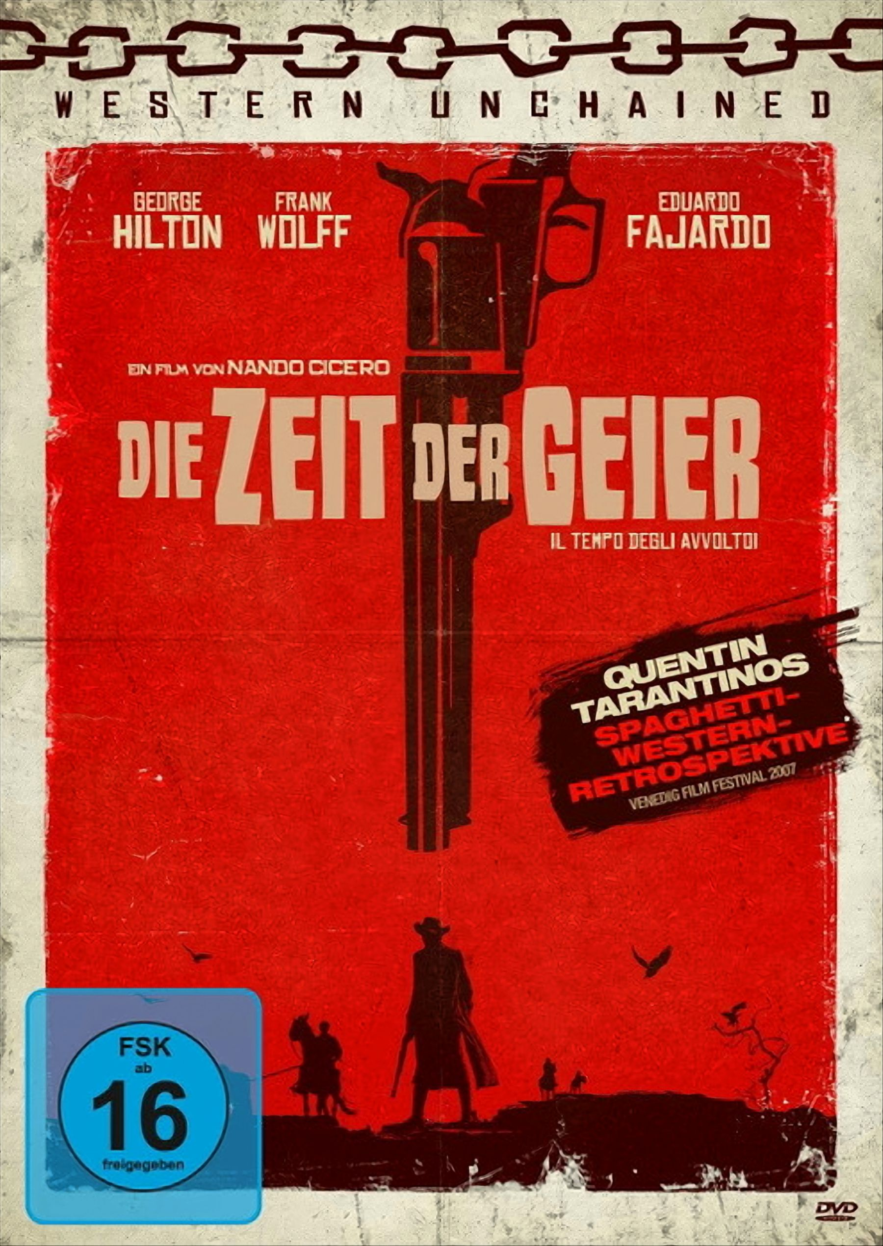 Filmposter mit einer Pistole und einem Cowboy auf rotem Hintergrund.