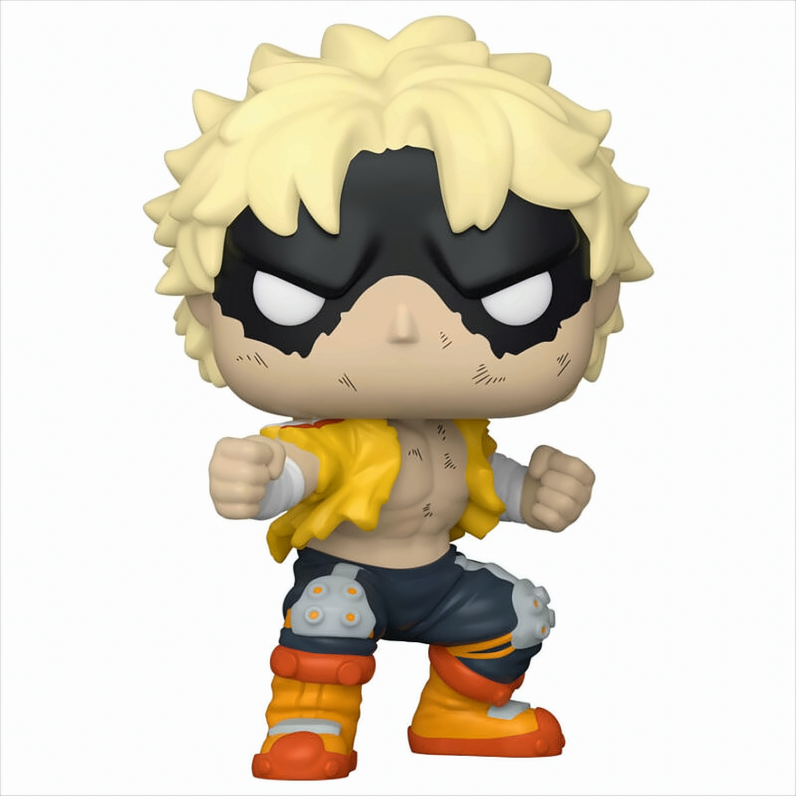 Funko Pop-figuur van een blond anime-personage in een gele jas en zwart masker.