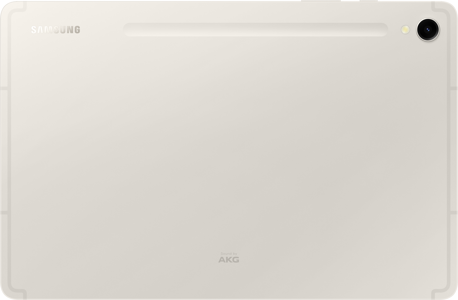 Rückseite eines beigefarbenen Samsung Tablets mit Kamera und AKG-Logo.