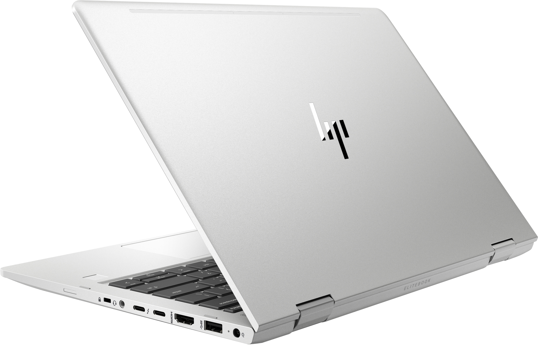 Silberner Laptop mit offenem Bildschirm, schwarzer Tastatur und HP Elitebook Logo.