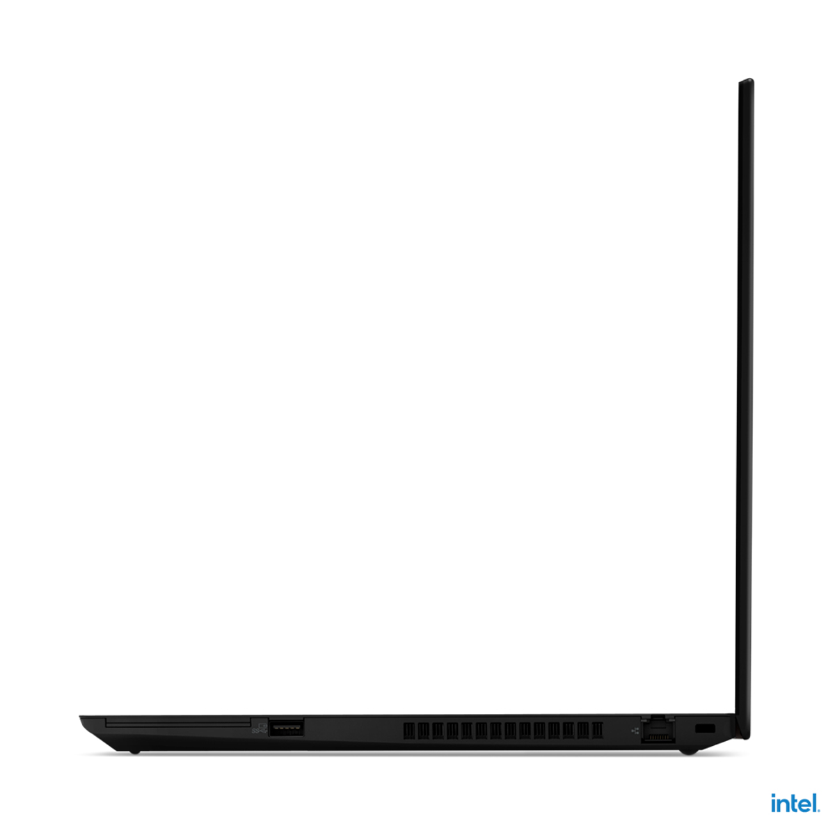 Seitenansicht eines schwarzen Laptops, die den geschlossenen Bildschirm, den Rand mit Anschlüssen und das Intel-Logo zeigt.