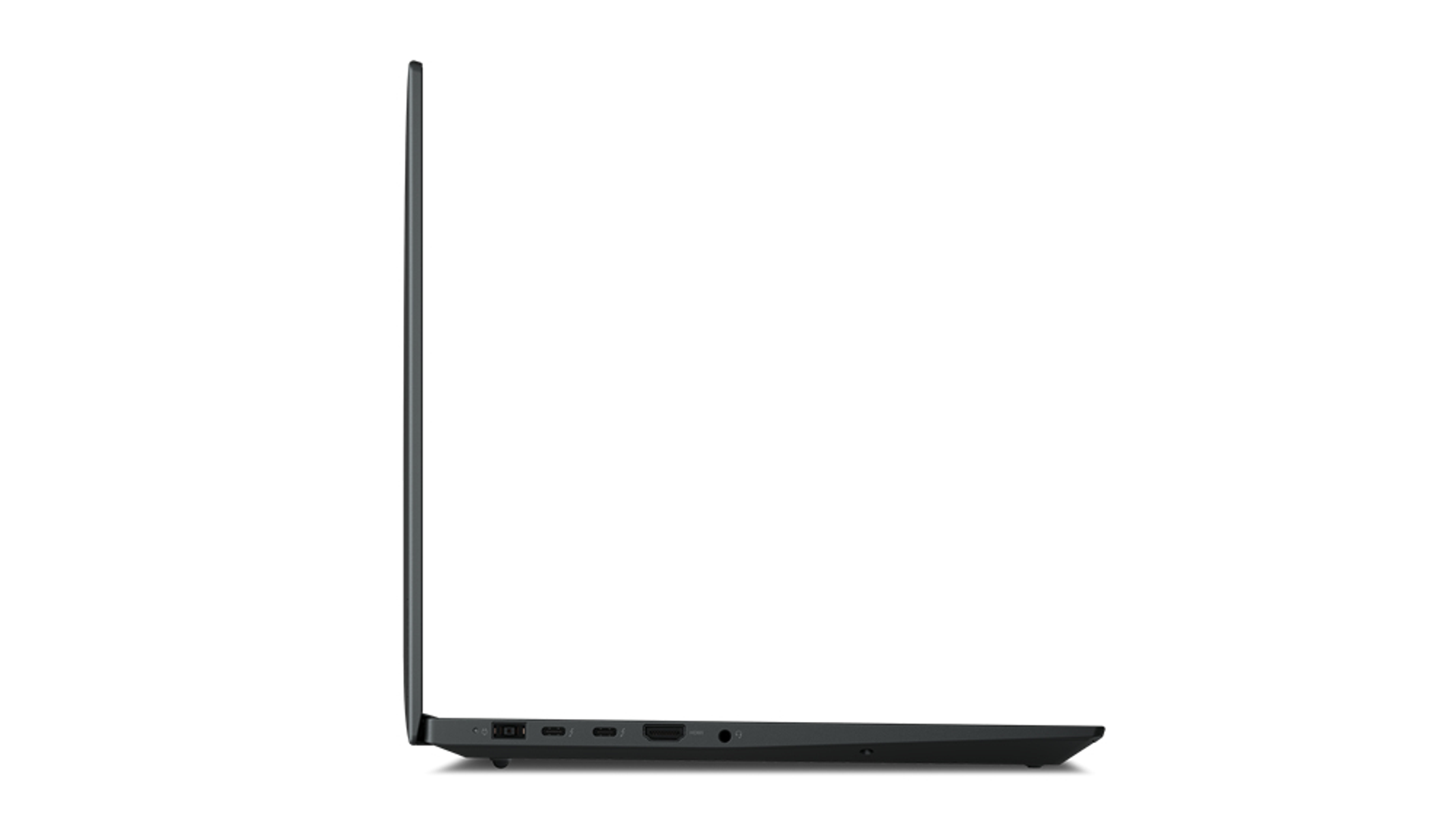 Laptop scuro dalla vista laterale su sfondo bianco. Il laptop è chiuso.