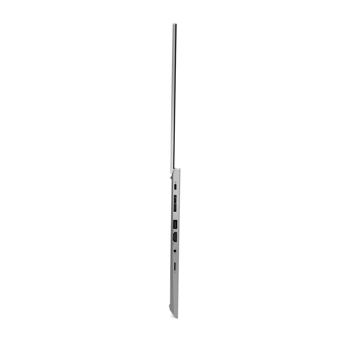 Side view of a silver laptop. The screen is open, and the device is on a white surface.