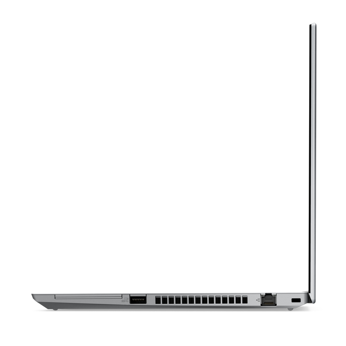A side view of a silver laptop. It has a lot of ports and a black screen. The screen is on the right.