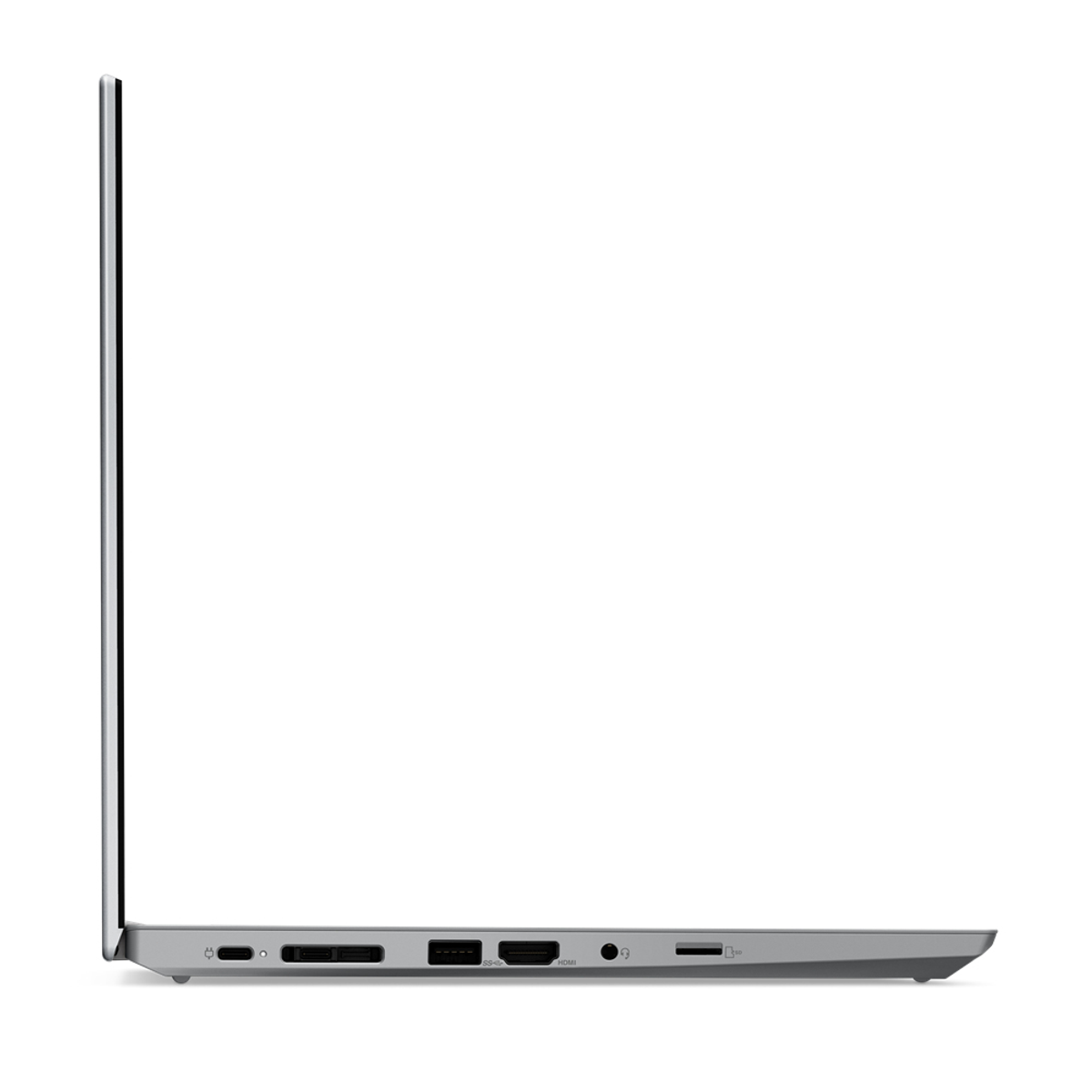 A gray laptop seen from the side. Several ports are visible, and the laptop is closed.