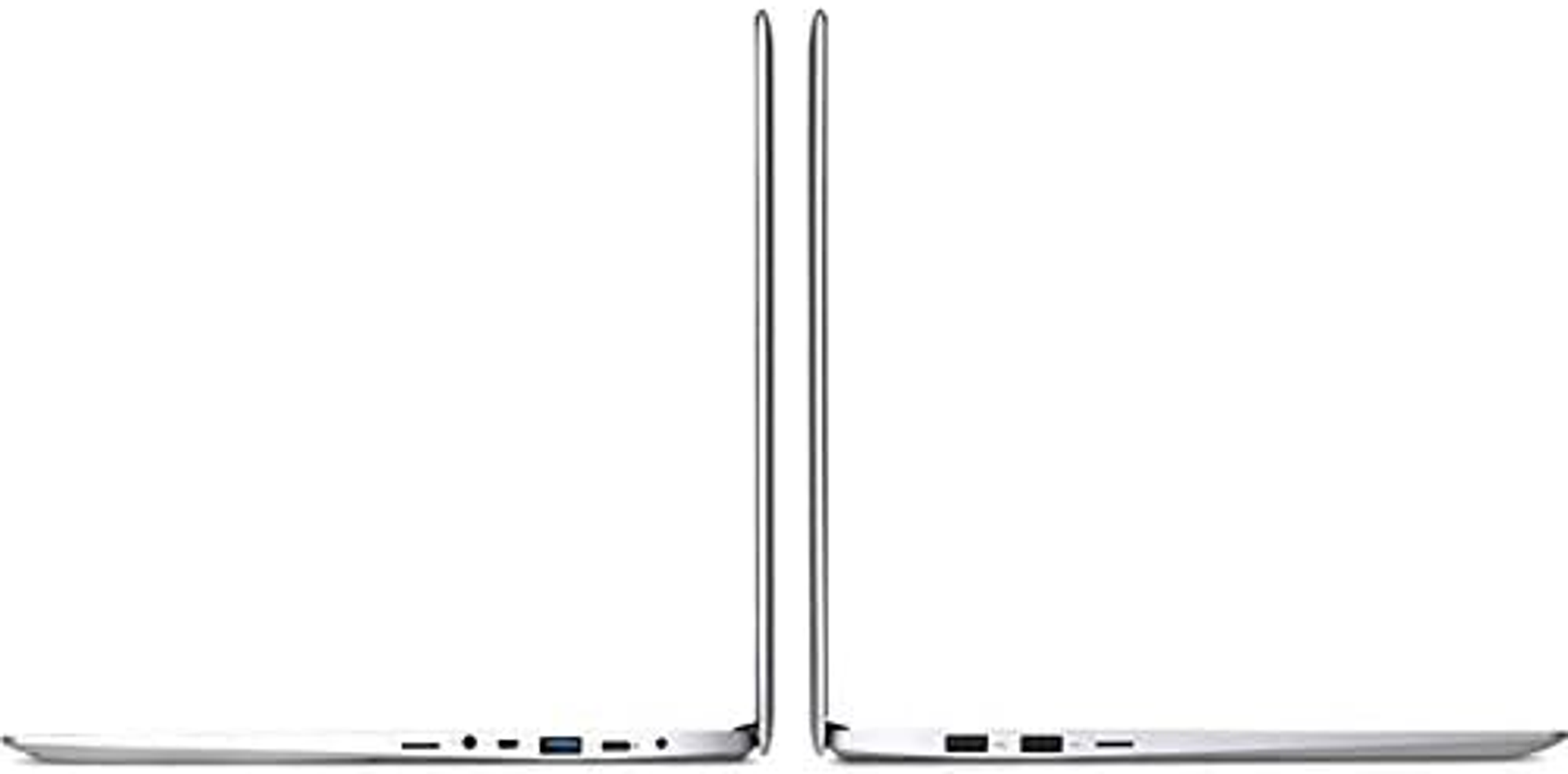 Zwei Laptops nebeneinander, Seitenansicht. Silberne Farbe, schlankes Design und Anschlüsse sind sichtbar.