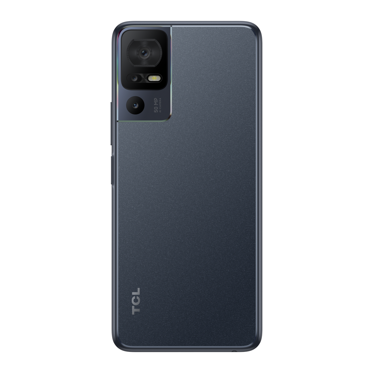 Parte trasera del teléfono azul oscuro. Módulo de cámara vertical en la esquina superior izquierda. Logotipo de TCL.