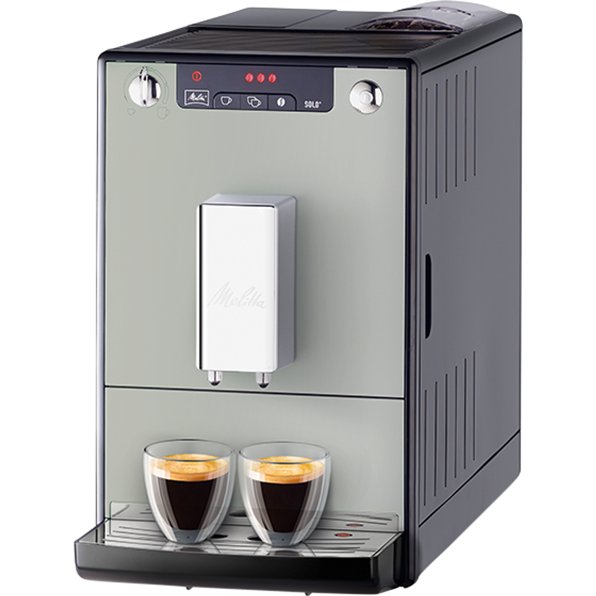 Cafetera Melitta con dos vasos de café debajo. La máquina es gris y negra.