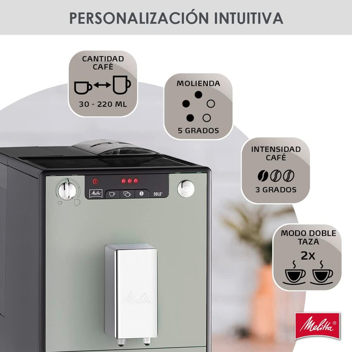 Cafetera Melitta con panel de control con información e iconos sobre fondo claro.