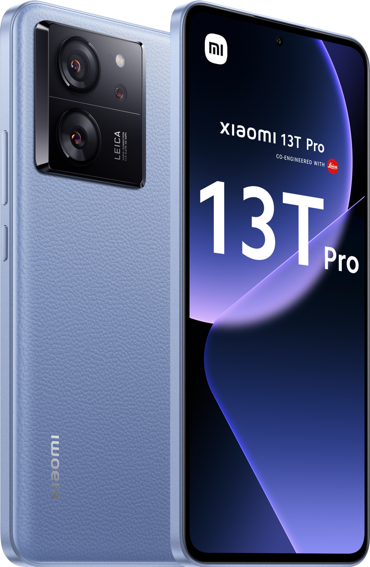 Jasnoniebieski smartfon Xiaomi 13T Pro na białym tle, pokazujący tył i aparat.