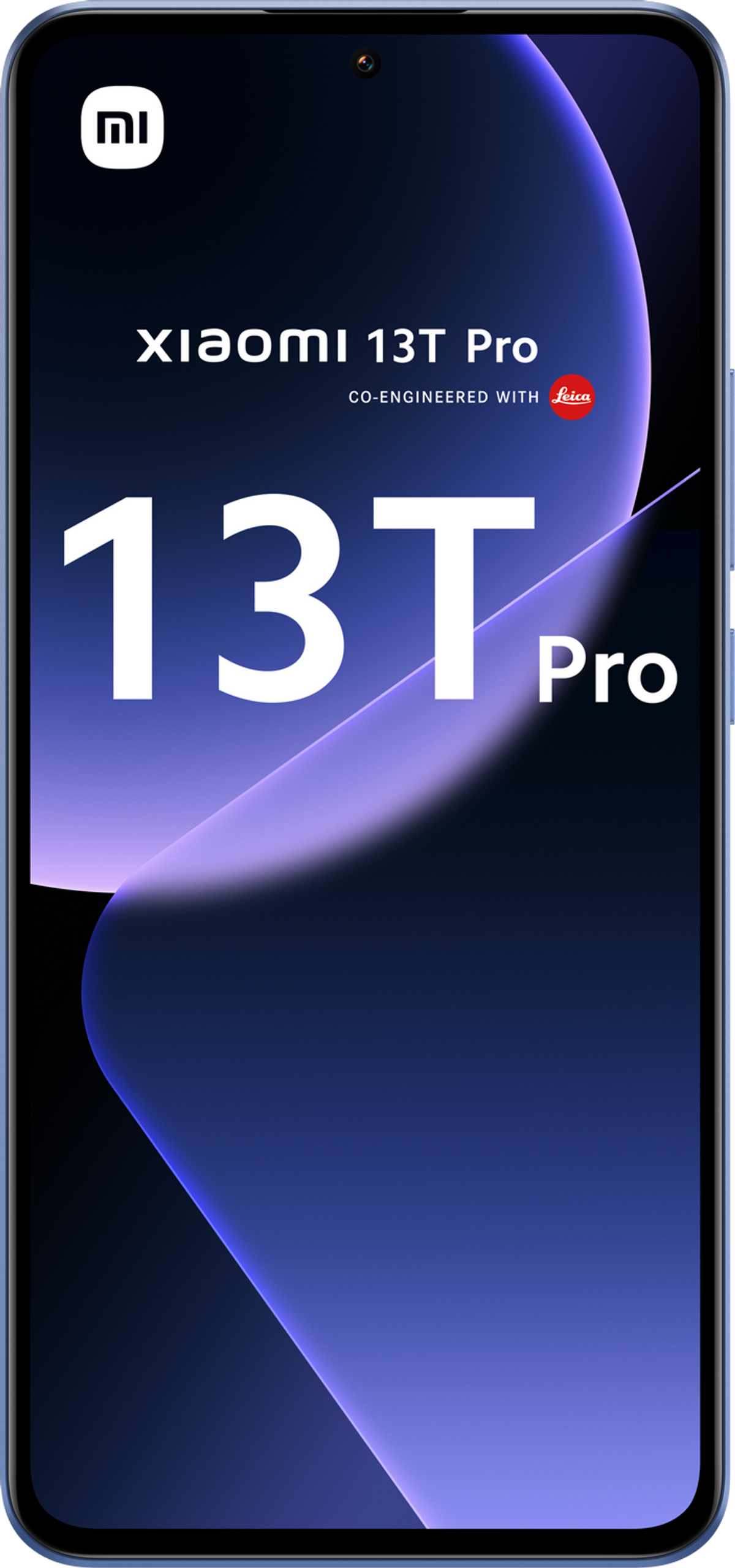 Smartfon Xiaomi 13T Pro. Fioletowo-niebieskie gradientowe tło. Biały tekst.