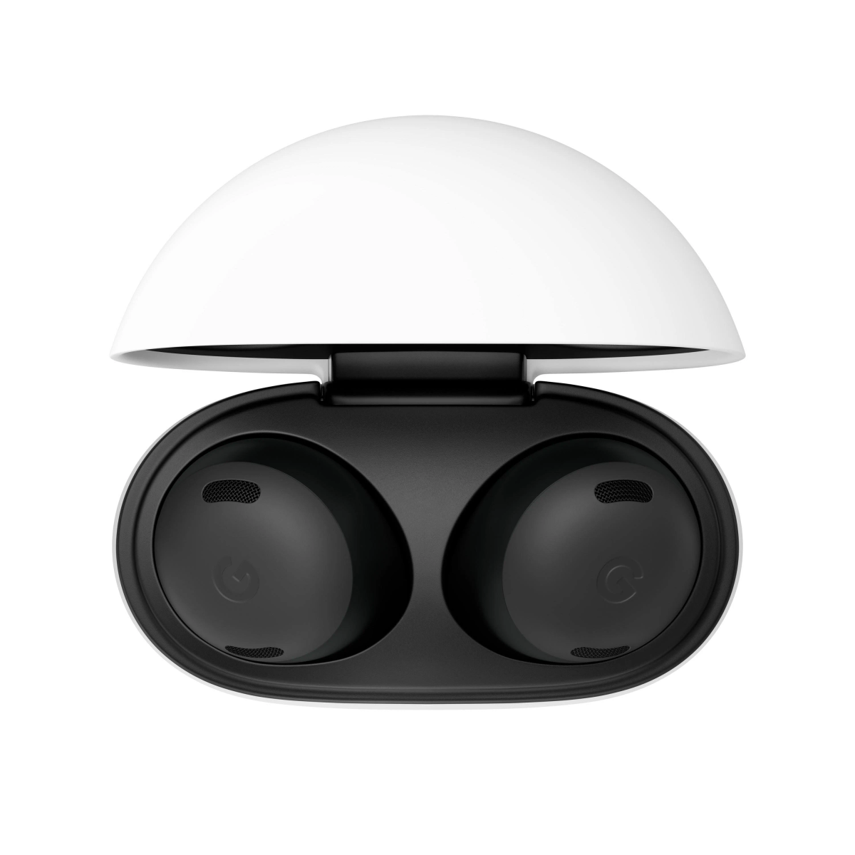 Otwarty, biało-czarny futerał Google Pixel Buds, odsłaniający czarne słuchawki.