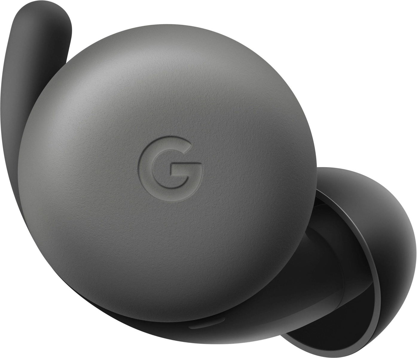 Zbliżenie szarej słuchawki Google Pixel Buds, pod kątem, z logo Google.