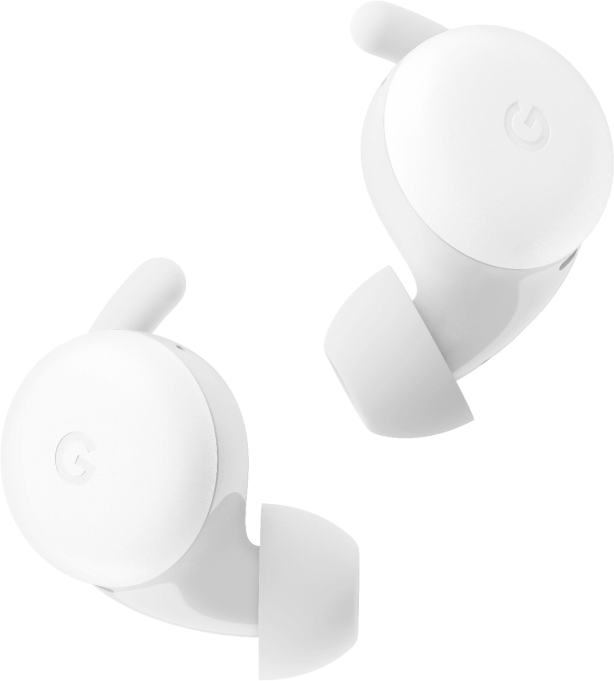 Dwa białe słuchawki Google Pixel Buds, bezprzewodowe, na białym tle.
