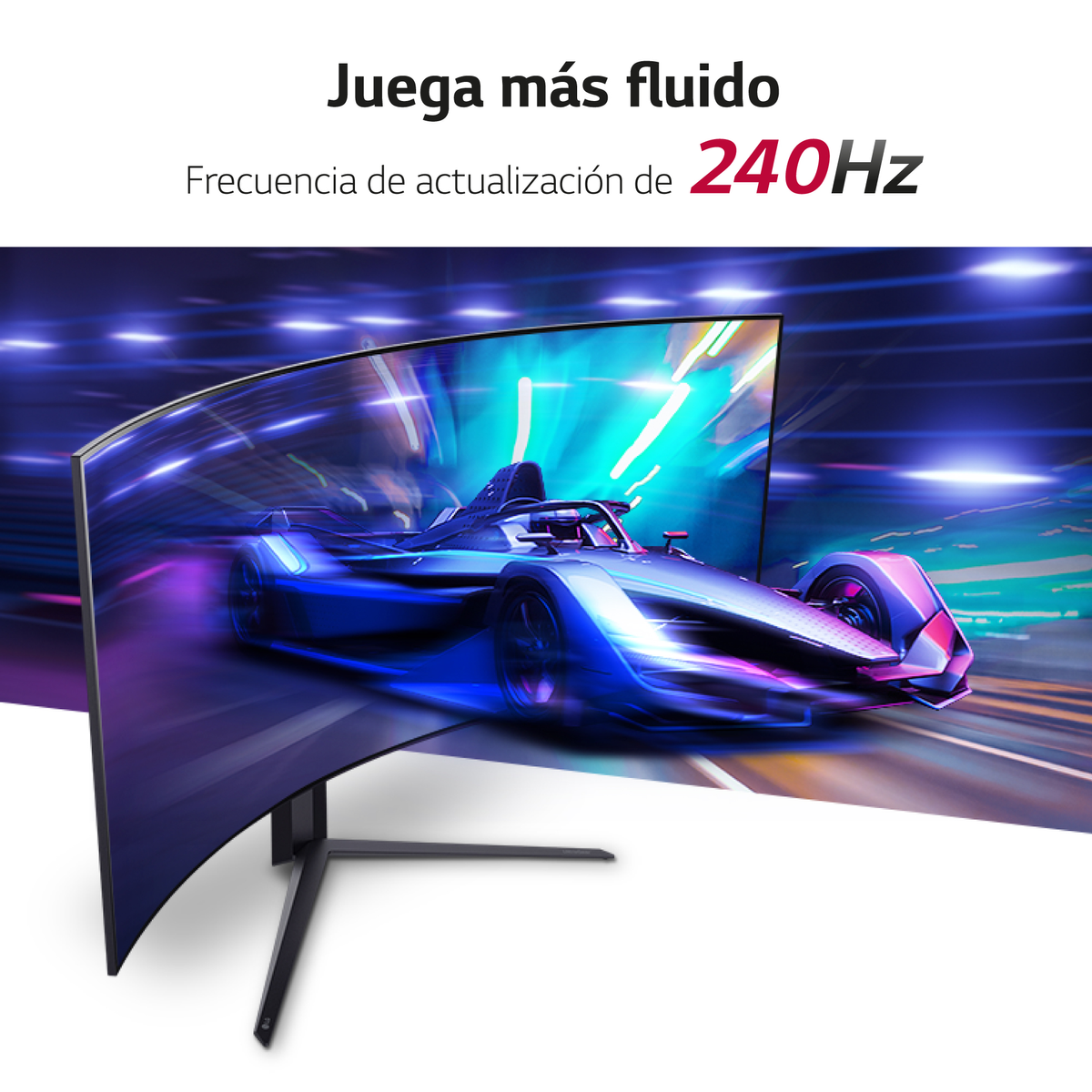 Gebogener Monitor mit Rennwagen-Animation, 240Hz Bildwiederholfrequenz.
