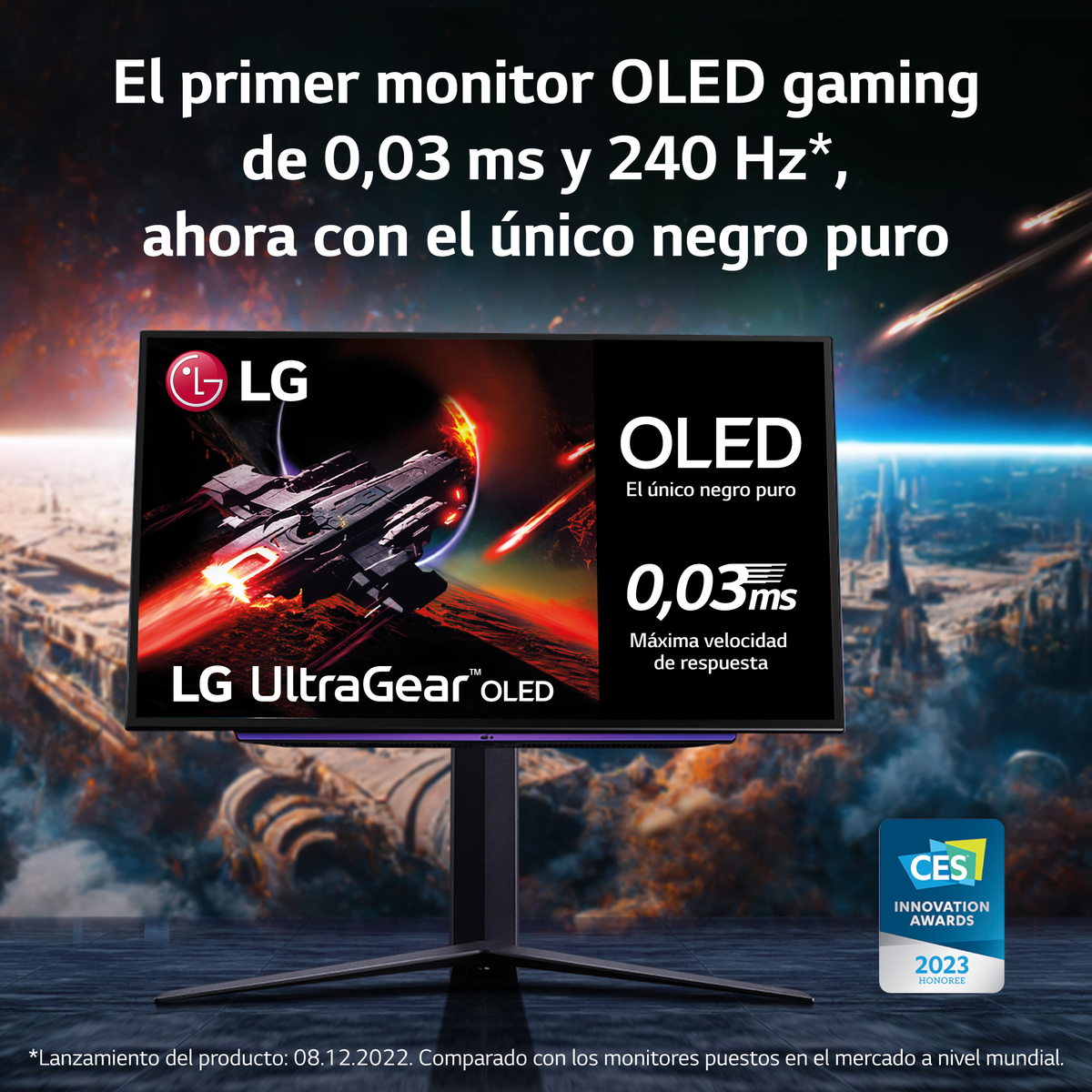 LG OLED Gaming-Monitor. Schwarzer Bildschirm zeigt eine Raumschiff-Szene. CES-Auszeichnung.
