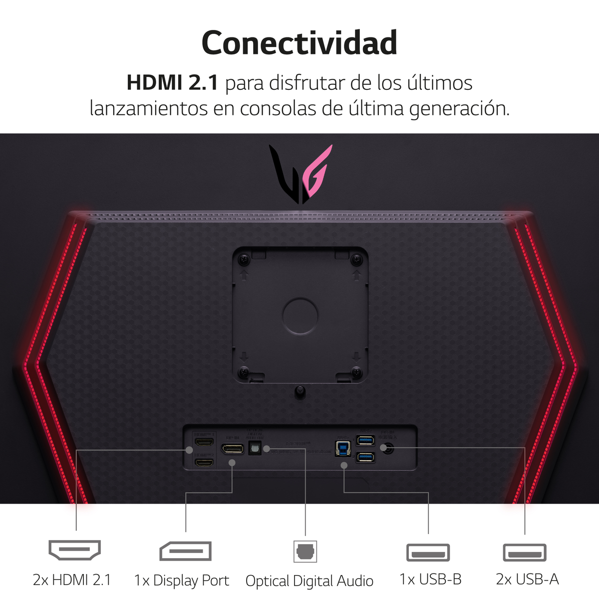 Nahaufnahme der Rückseite eines Monitors mit beschrifteten Anschlüssen: HDMI, Display Port, USB-B, USB-A und Audio.
