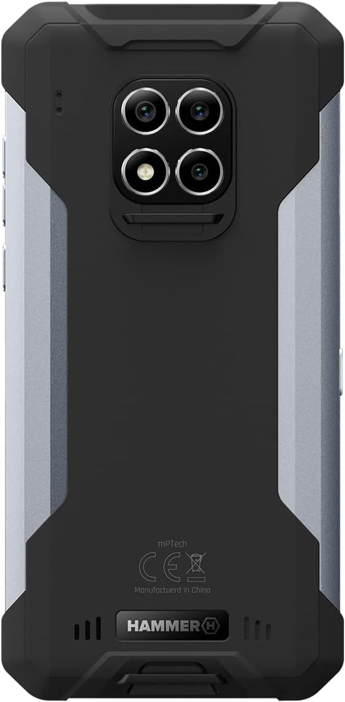 Zbliżenie czarnego i szarego wytrzymałego smartfona. Posiada wiele tylnych kamer i logo Hammer.