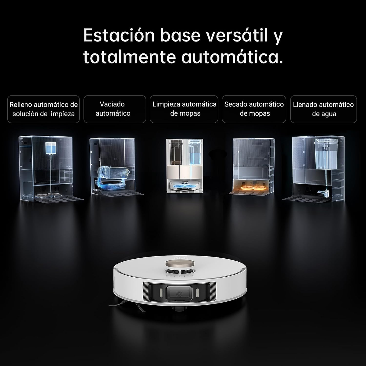 Biały robot odkurzający z różnymi stacjami czyszczącymi do wody, czyszczenia i suszenia.