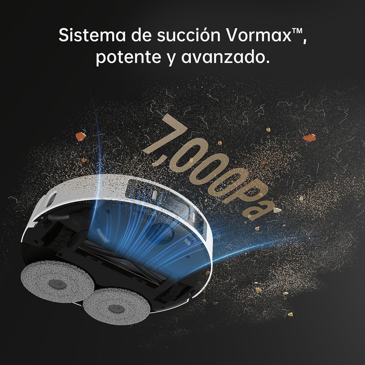 Biały robot odkurzający z niebieskimi promieniami światła, czyszczący powierzchnię z brudu.