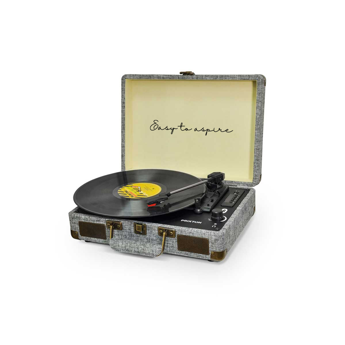 Gramofon w stylu vintage z płytą. Widoczny tekst 'Easy to aspire'.