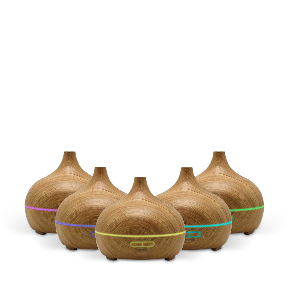 Pięć dyfuzorów olejków eterycznych o wyglądzie drewna z kolorowymi pierścieniami świetlnymi u dołu.