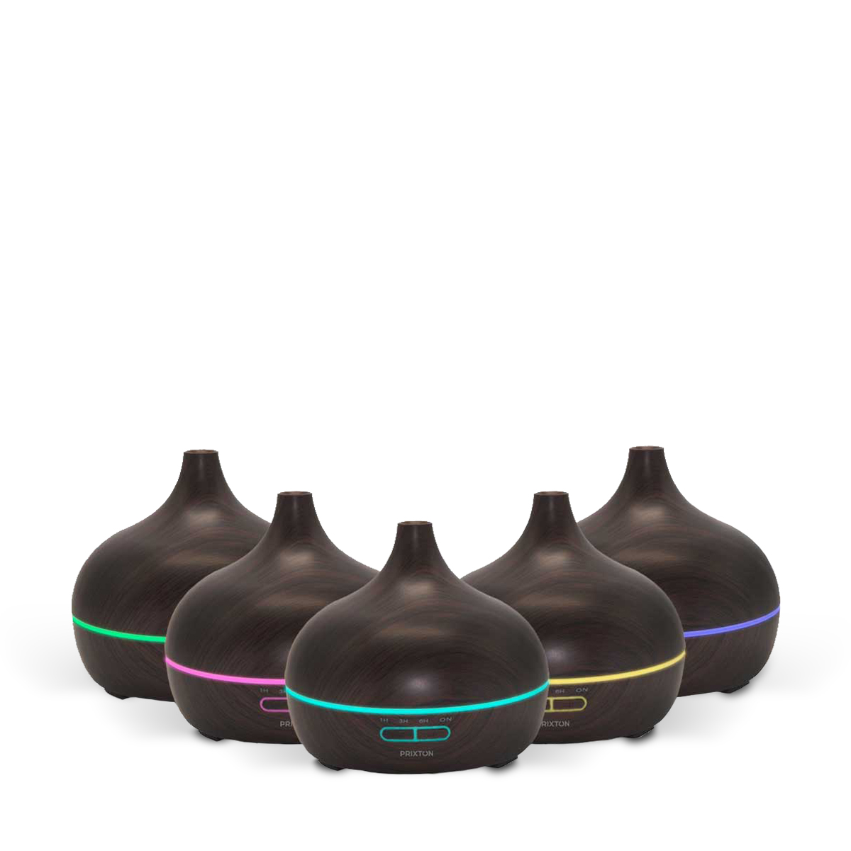 Pięć ciemnych, drewnianych dyfuzorów z kolorowymi światłami u podstawy, ustawionych w półkolu.