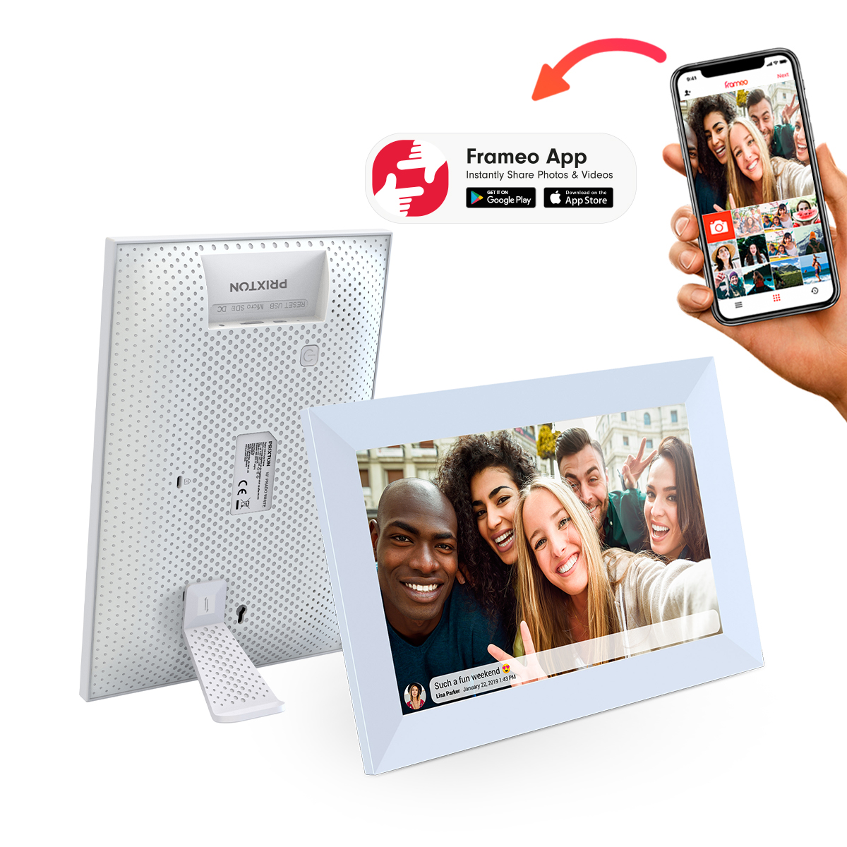 Cyfrowa ramka na zdjęcia pokazująca zdjęcie ludzi, z telefonem i ikoną aplikacji w pobliżu.