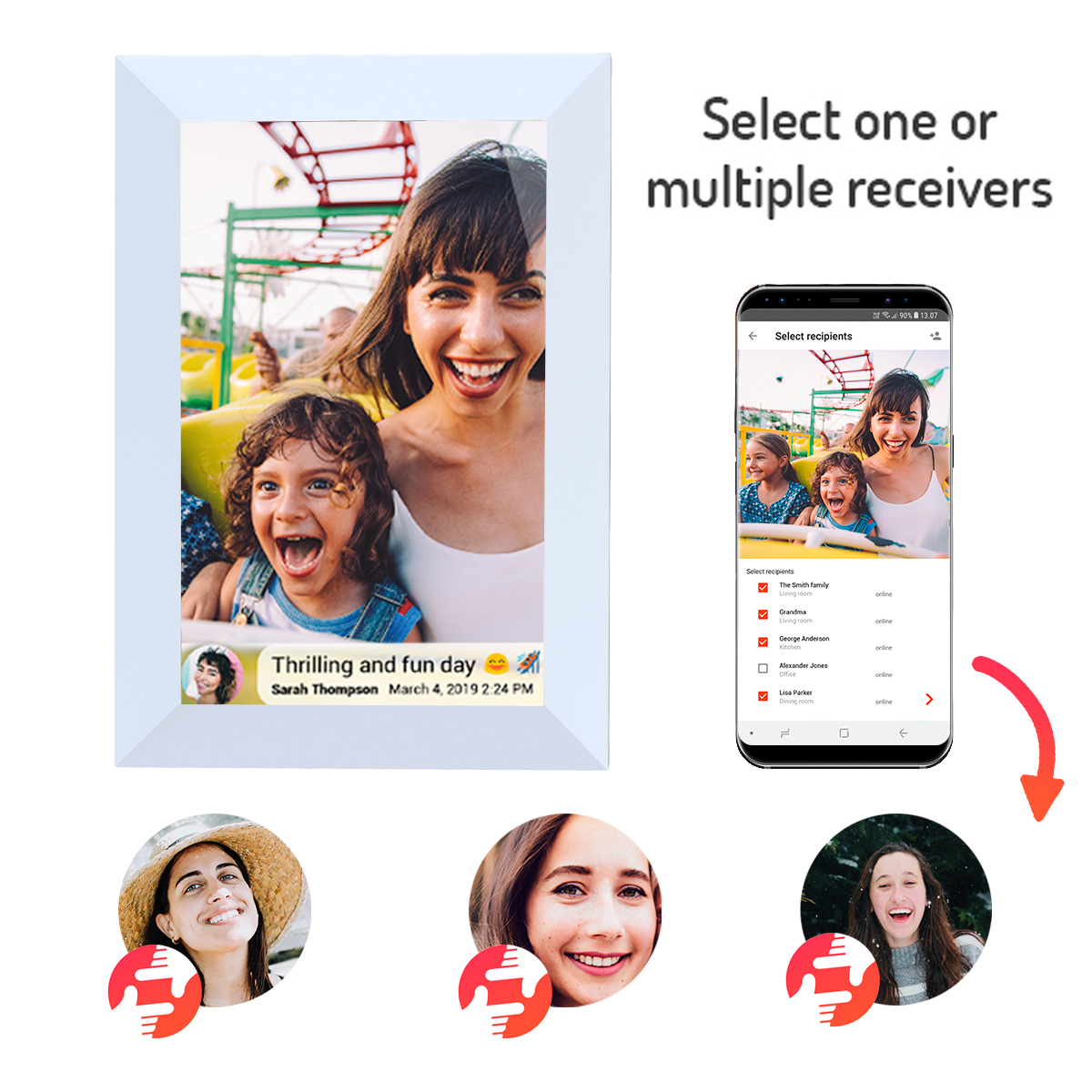 Cyfrowa ramka na zdjęcia pokazująca zdjęcie kobiety i dziecka oraz interfejs telefonu.