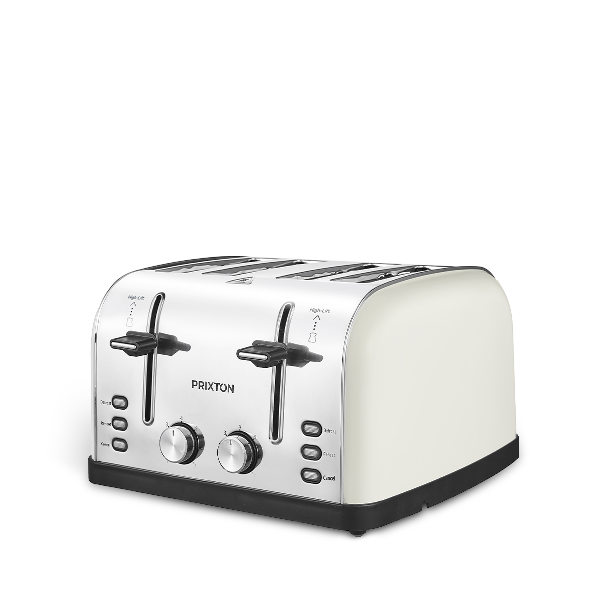Biały toster z dwoma otworami. Posiada pokrętła i przyciski do obsługi.