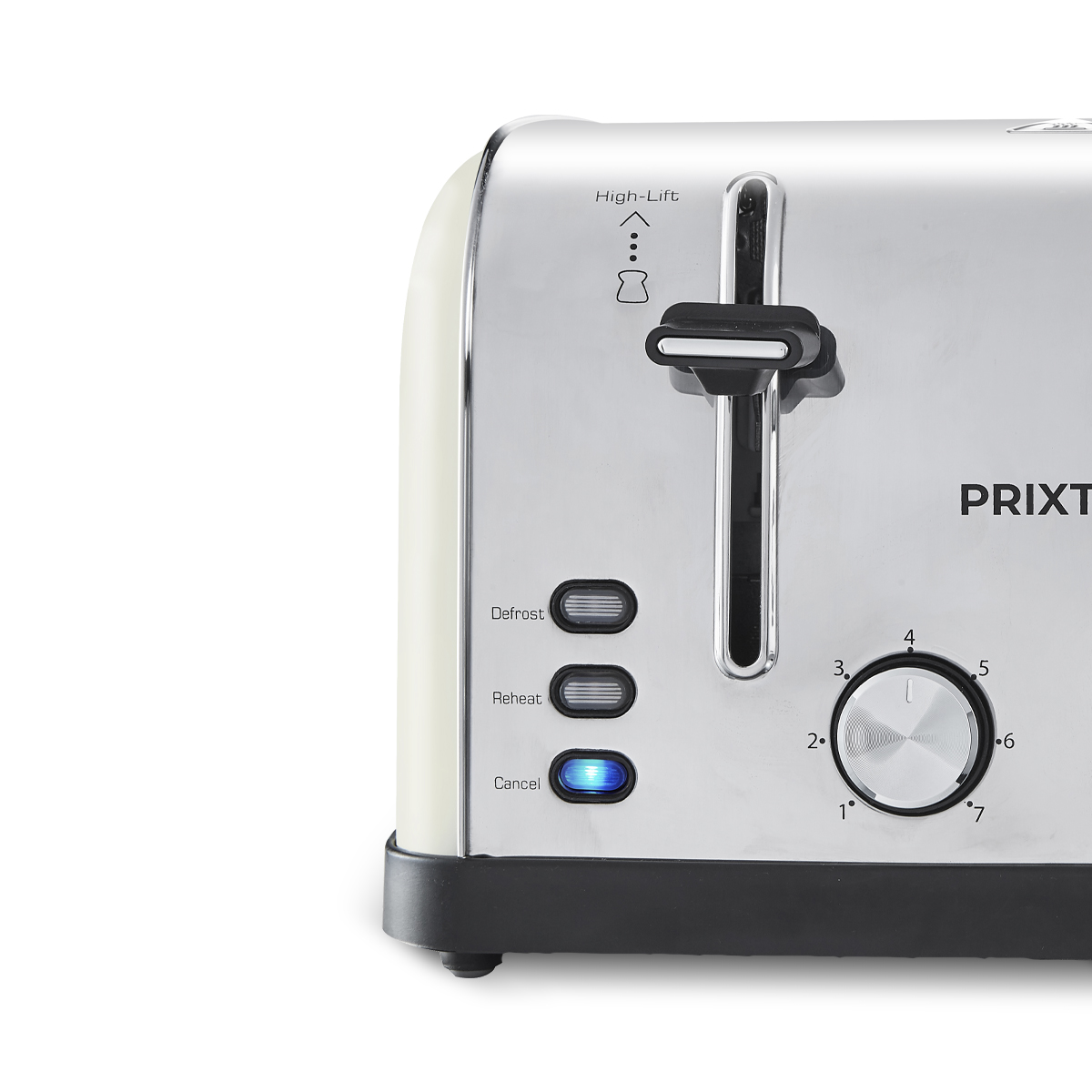 Chromowany toster z kremowymi bokami, z przyciskami rozmrażania, podgrzewania i anulowania oraz pokrętłem.