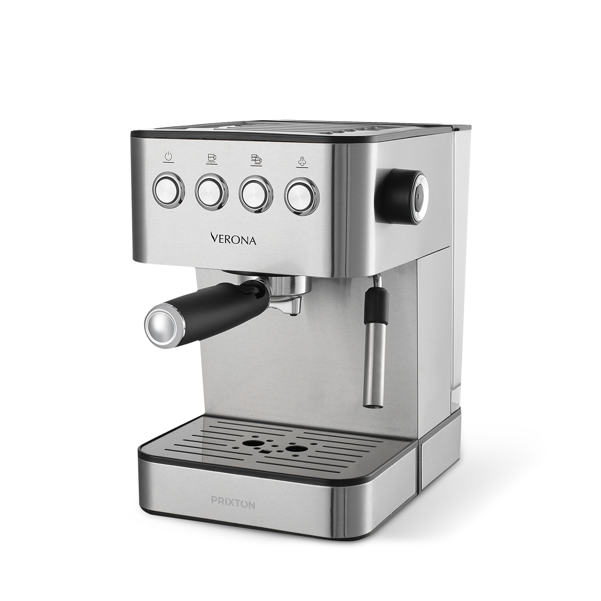 Srebrno-czarny ekspres do kawy Verona z przyciskami i uchwytem, na białym tle.