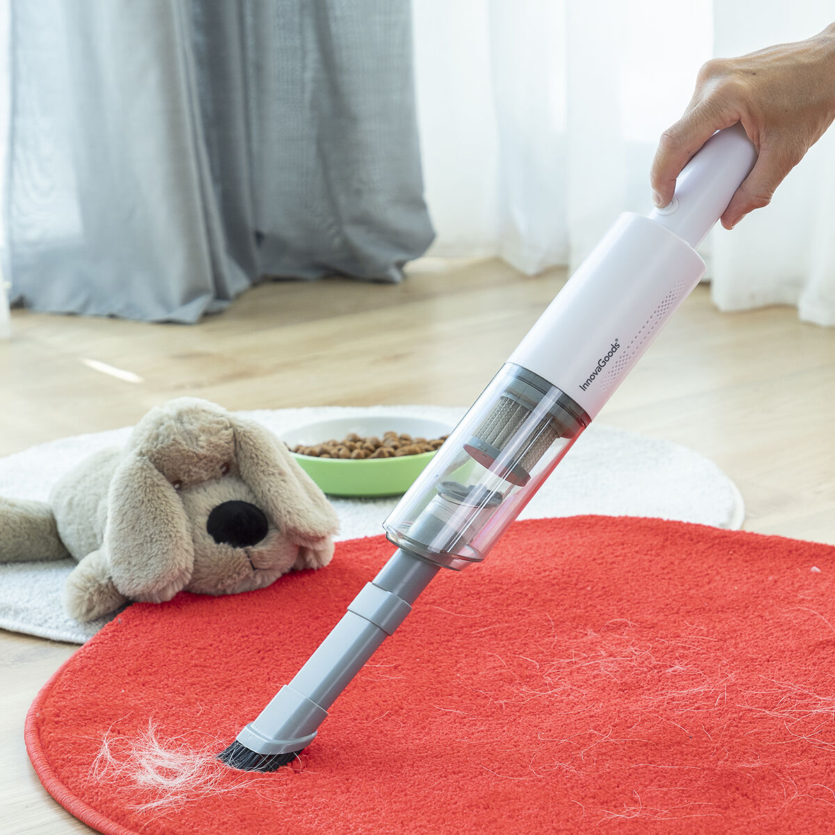 Aspirapolvere portatile che pulisce un tappeto rosso, con peli di animali domestici. Cuccia visibile.