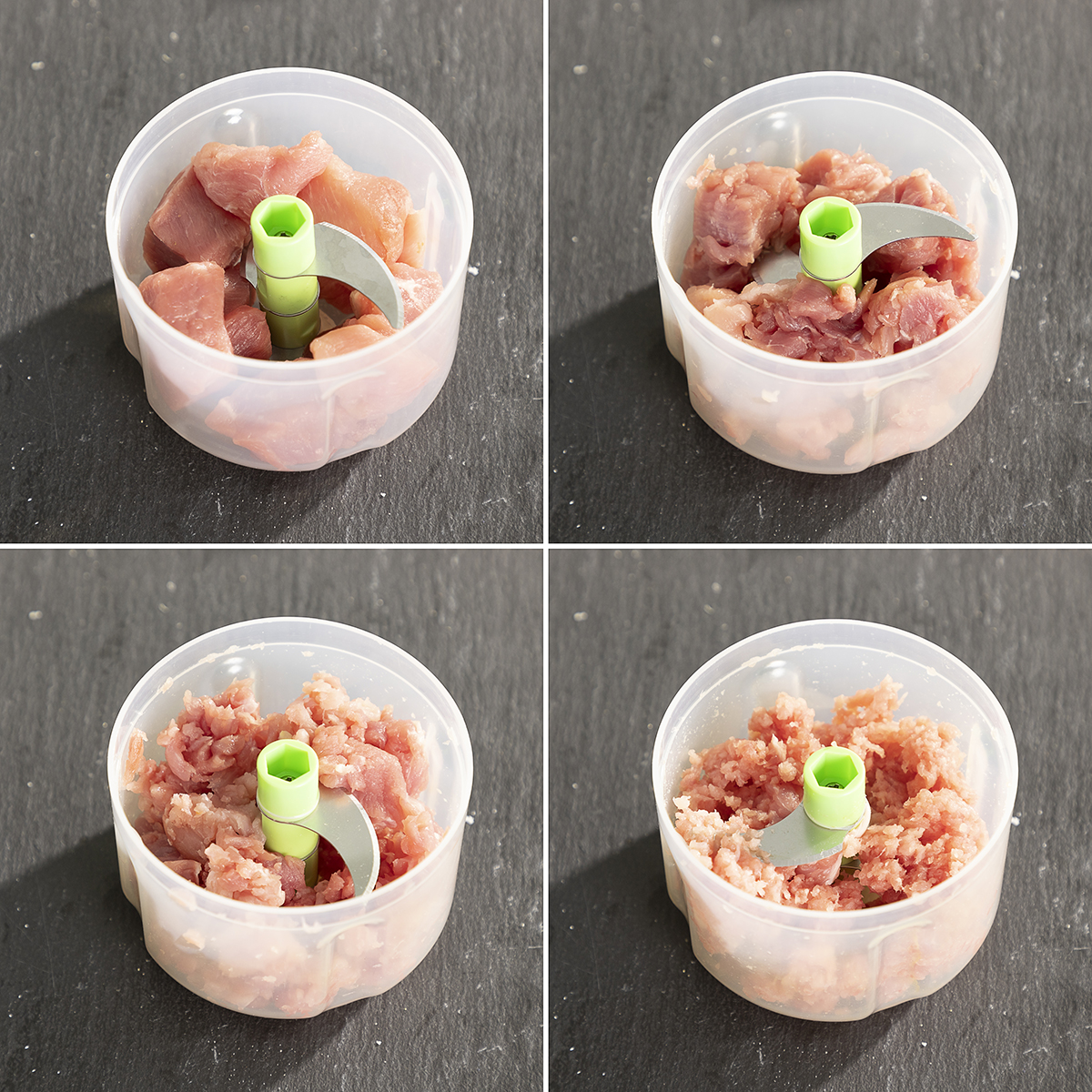 Vier Bilder, die zeigen, wie Fleisch in einer weißen Plastikschüssel mit grüner Klinge gehackt wird.