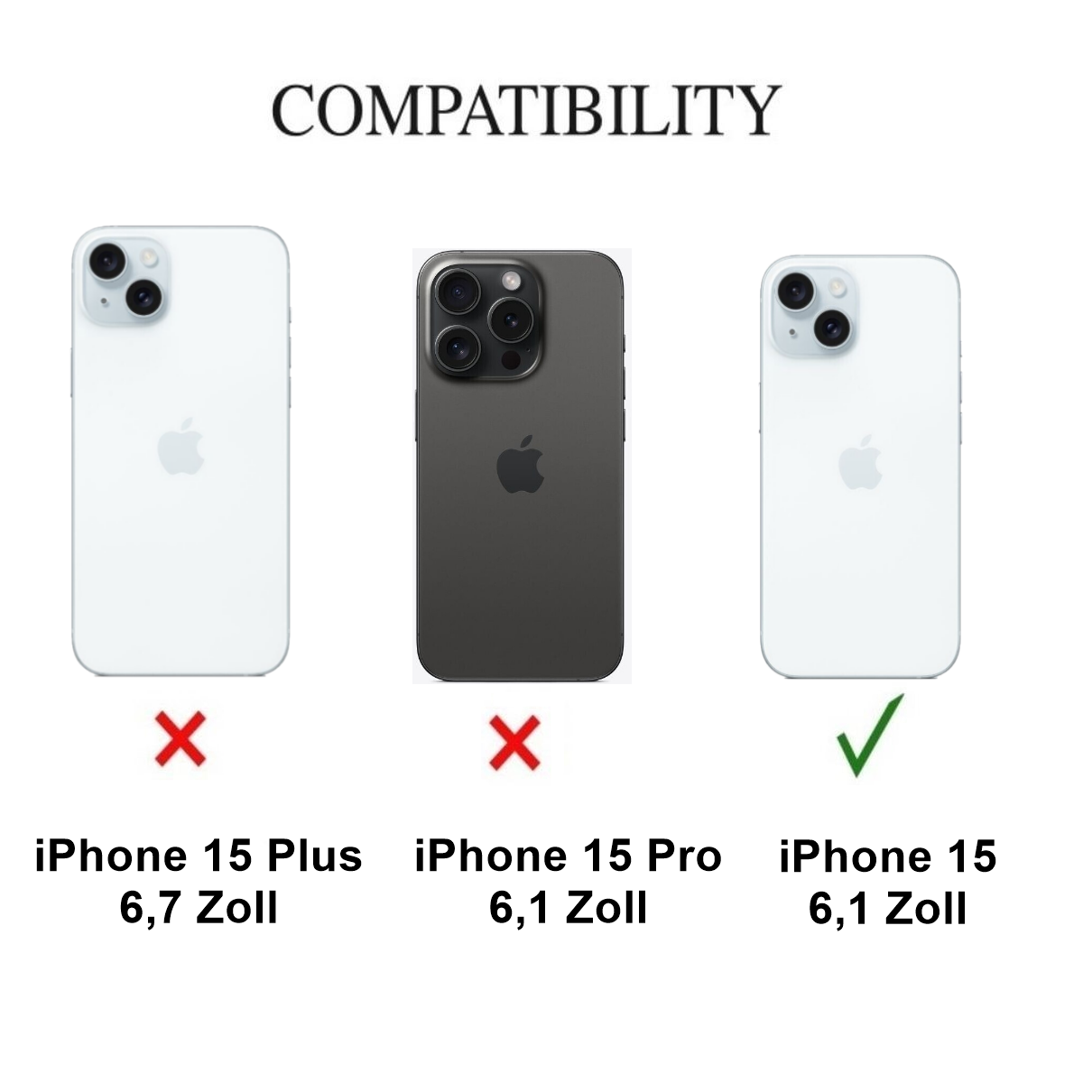 Telefon-Kompatibilitätstabelle, die iPhone 15 kompatibel zeigt.